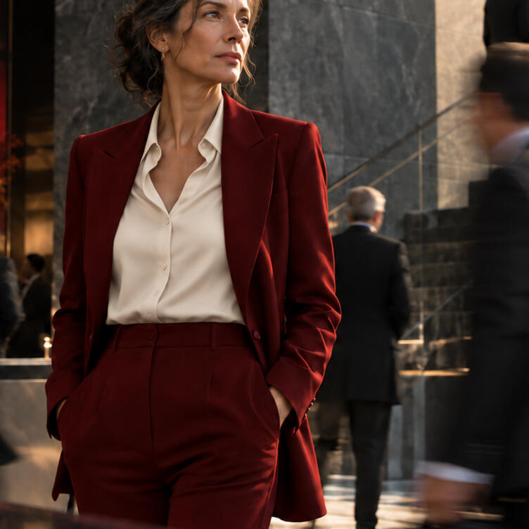 Senior executive in an oxblood suit standing in focus among moving professionals